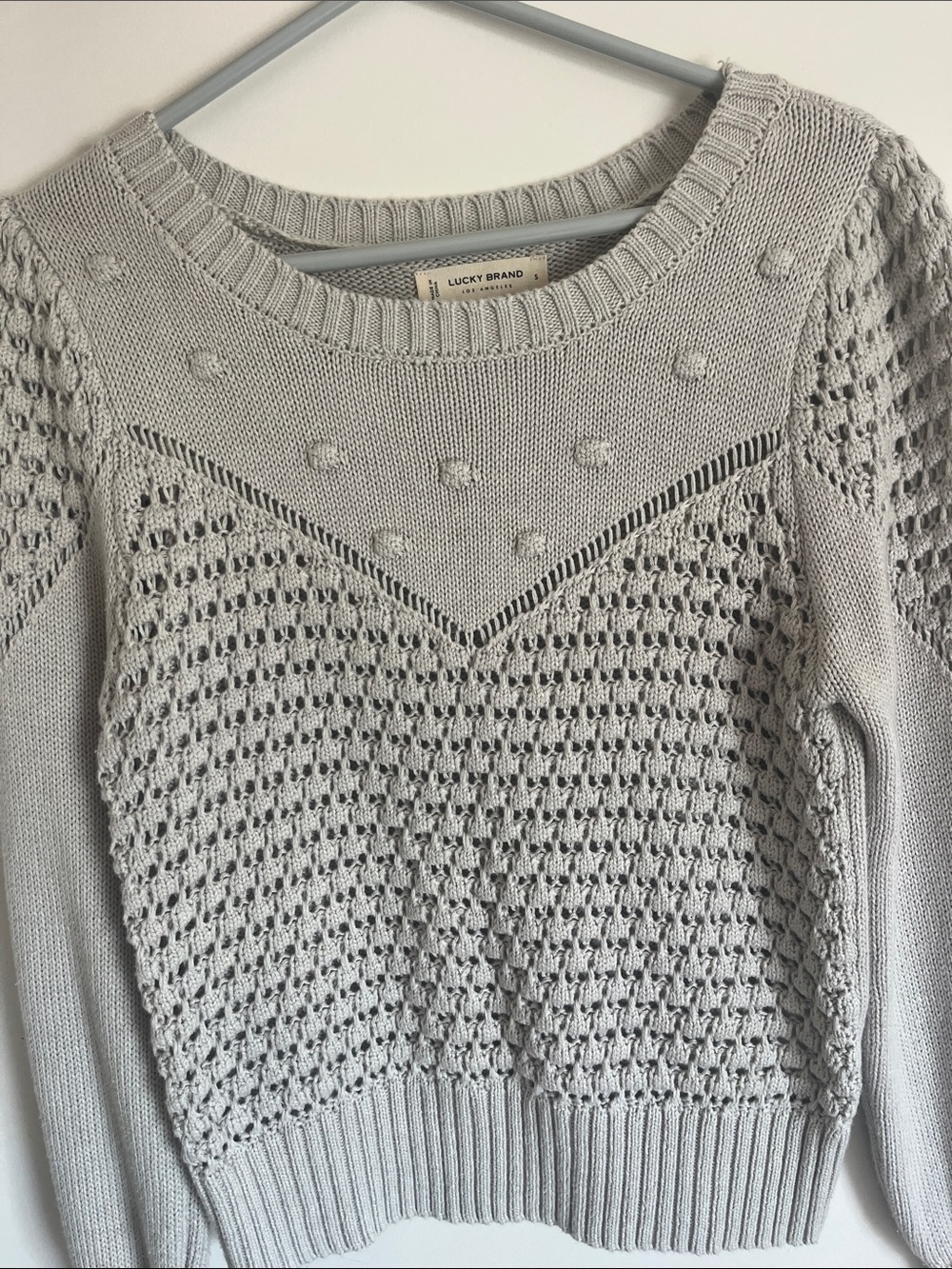Lucky Brand Women's Light Gray Textured Openwork Crew Sweater